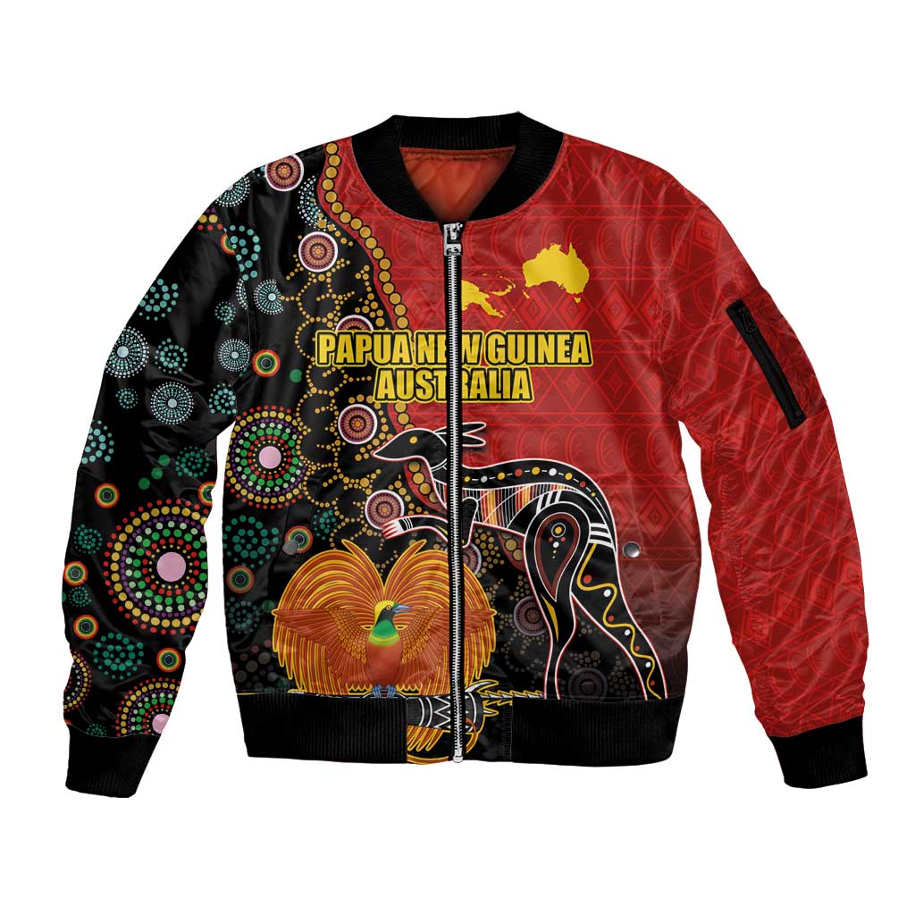 Personalised Papua New Guinea and Australia Together Sleeve Zip Bomber Jacket Bird-of-paradise and Kangaroo with Aboriginal Pattern