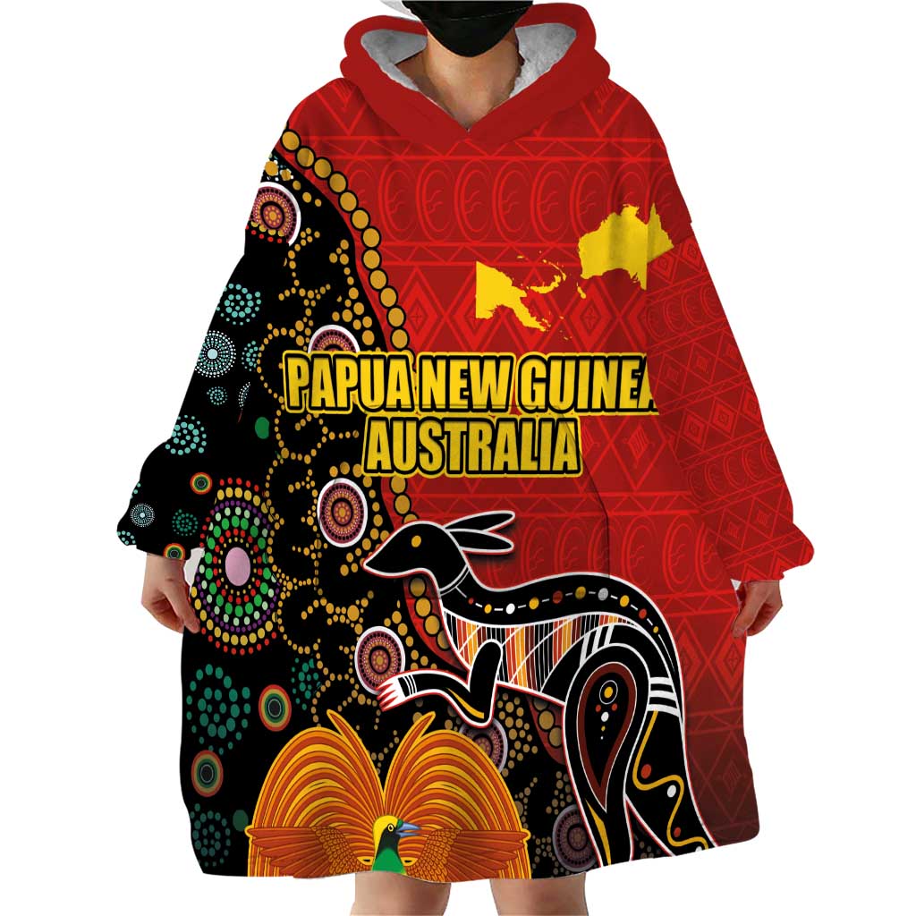 Personalised Papua New Guinea and Australia Together Wearable Blanket Hoodie Bird-of-paradise and Kangaroo with Aboriginal Pattern
