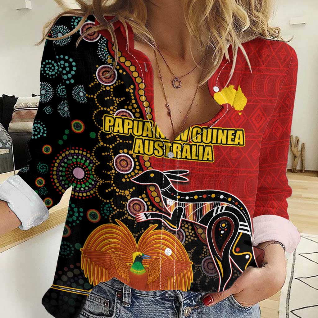 Personalised Papua New Guinea and Australia Together Women Casual Shirt Bird-of-paradise and Kangaroo with Aboriginal Pattern