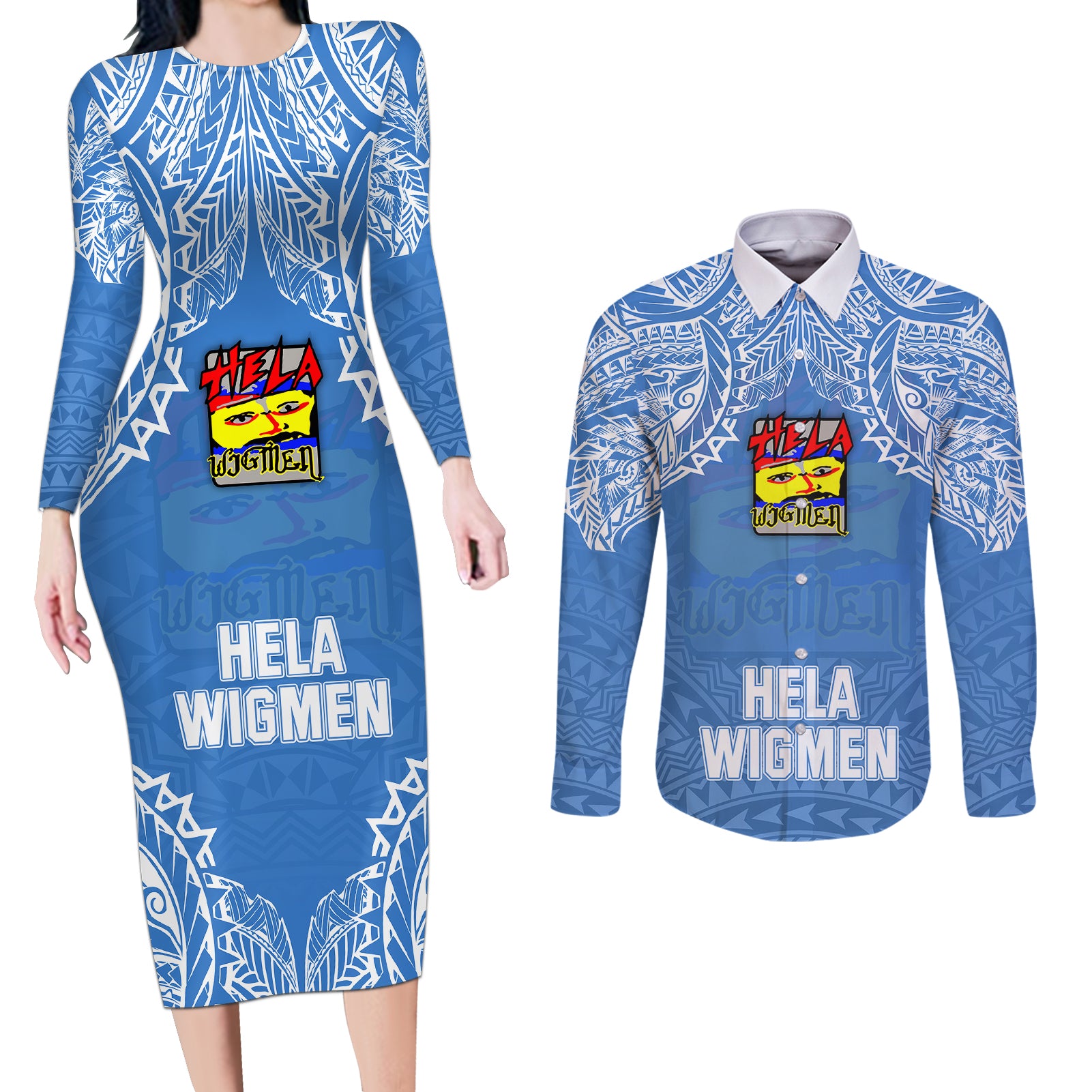 Hela Wigmen Rugby Couples Matching Long Sleeve Bodycon Dress and Long Sleeve Button Shirts Papua New Guinea Polynesian Tattoo LT03 Blue - Polynesian Pride