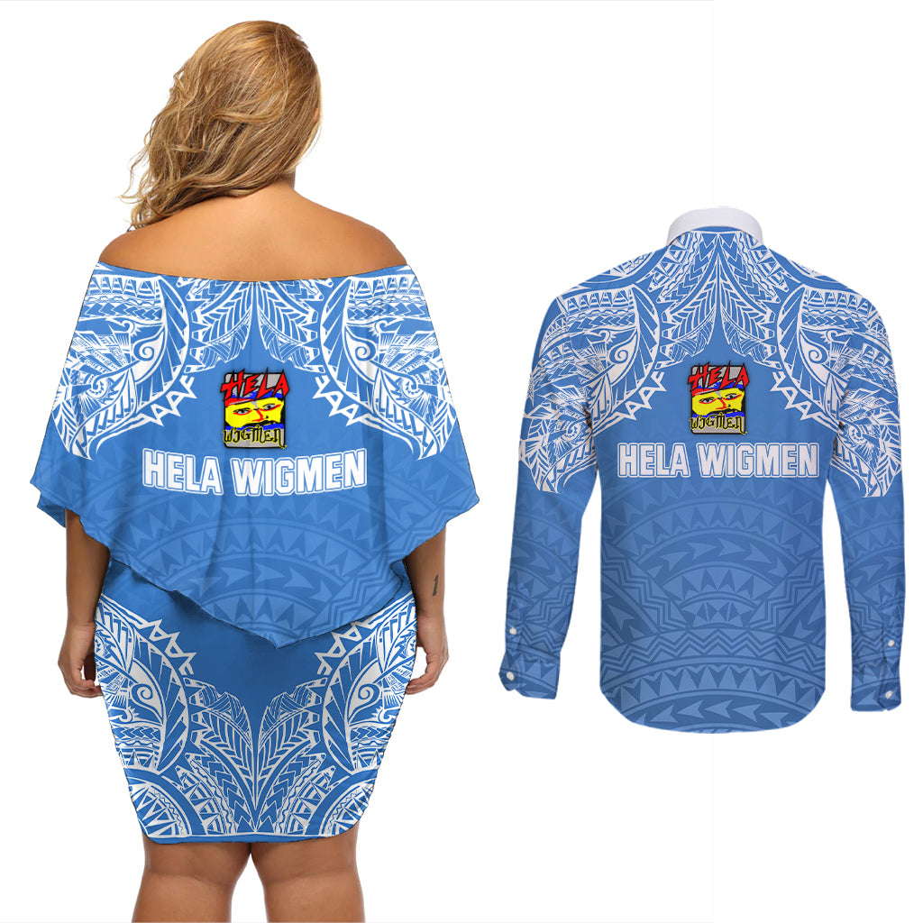 Hela Wigmen Rugby Couples Matching Off Shoulder Short Dress and Long Sleeve Button Shirts Papua New Guinea Polynesian Tattoo LT03 - Polynesian Pride
