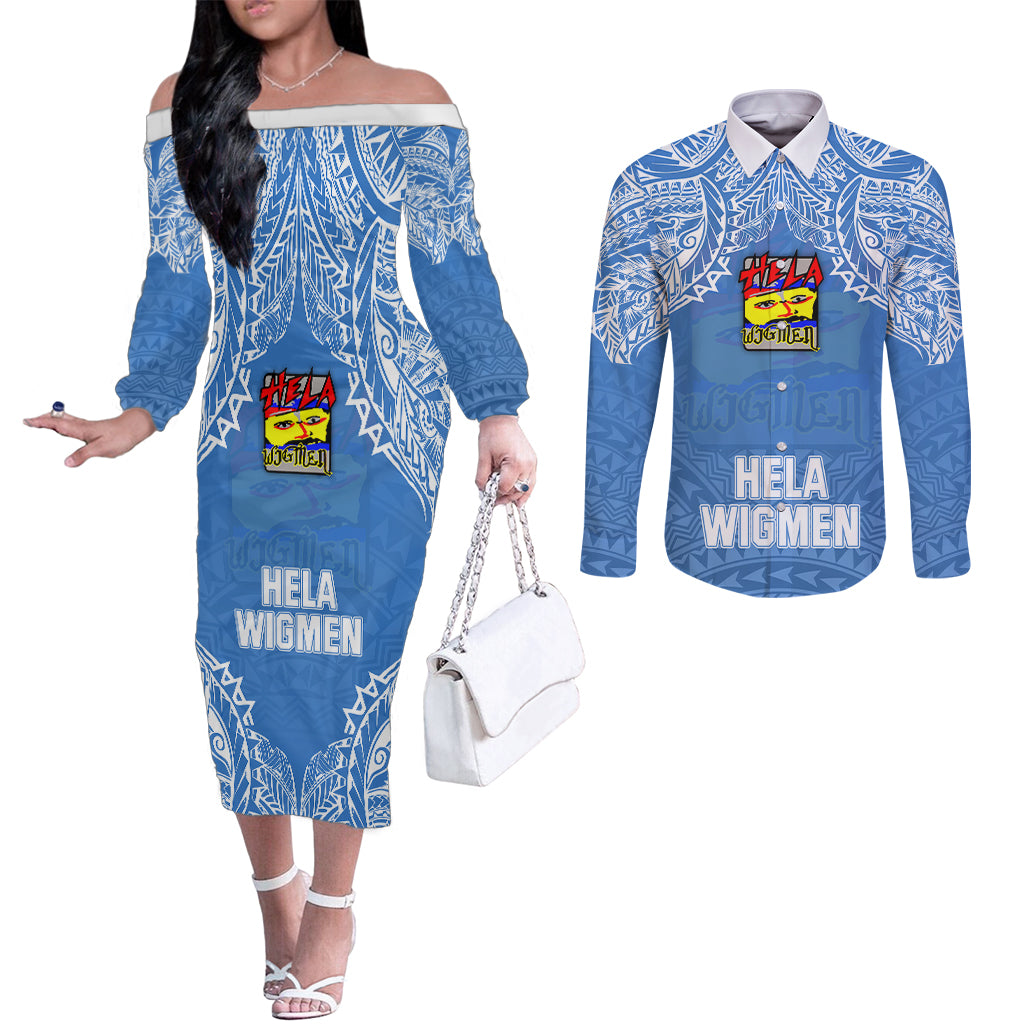 Hela Wigmen Rugby Couples Matching Off The Shoulder Long Sleeve Dress and Long Sleeve Button Shirts Papua New Guinea Polynesian Tattoo LT03 Blue - Polynesian Pride