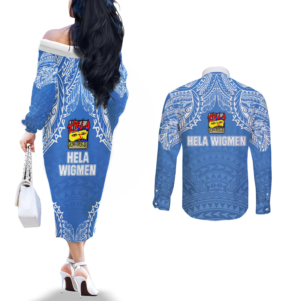 Hela Wigmen Rugby Couples Matching Off The Shoulder Long Sleeve Dress and Long Sleeve Button Shirts Papua New Guinea Polynesian Tattoo LT03 - Polynesian Pride