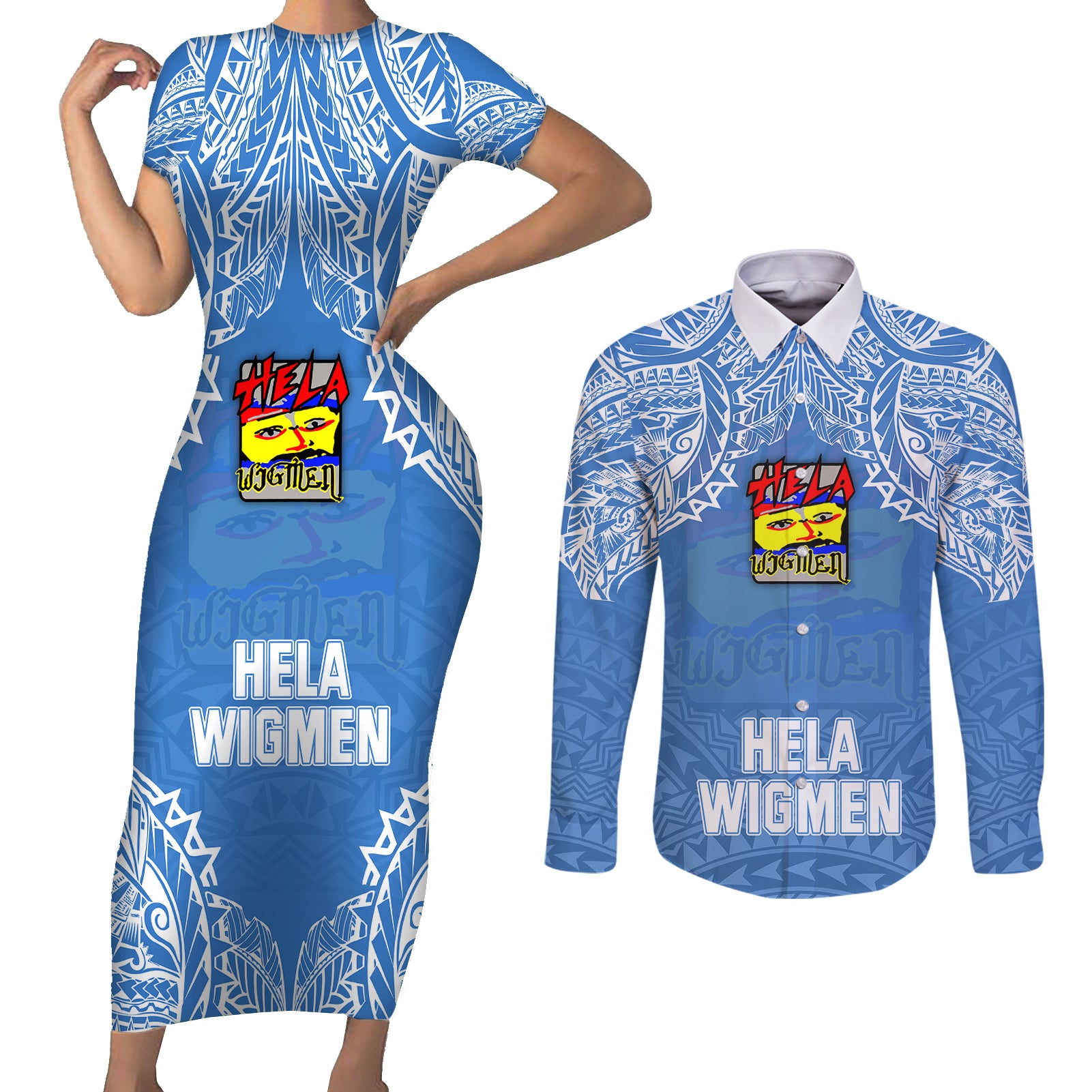 Hela Wigmen Rugby Couples Matching Short Sleeve Bodycon Dress and Long Sleeve Button Shirts Papua New Guinea Polynesian Tattoo LT03 Blue - Polynesian Pride