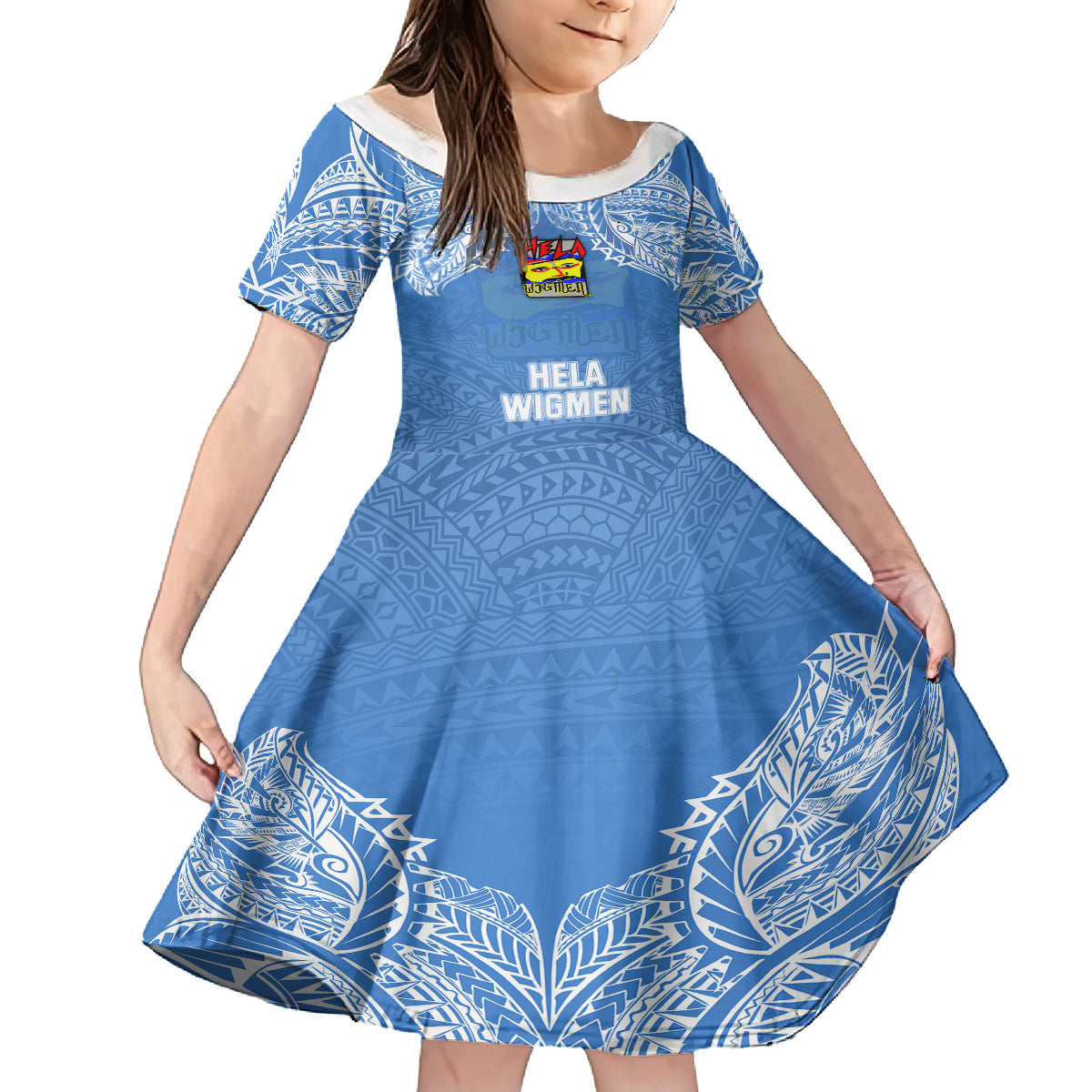 Hela Wigmen Rugby Family Matching Off Shoulder Maxi Dress and Hawaiian Shirt Papua New Guinea Polynesian Tattoo LT03 Daughter's Dress Blue - Polynesian Pride