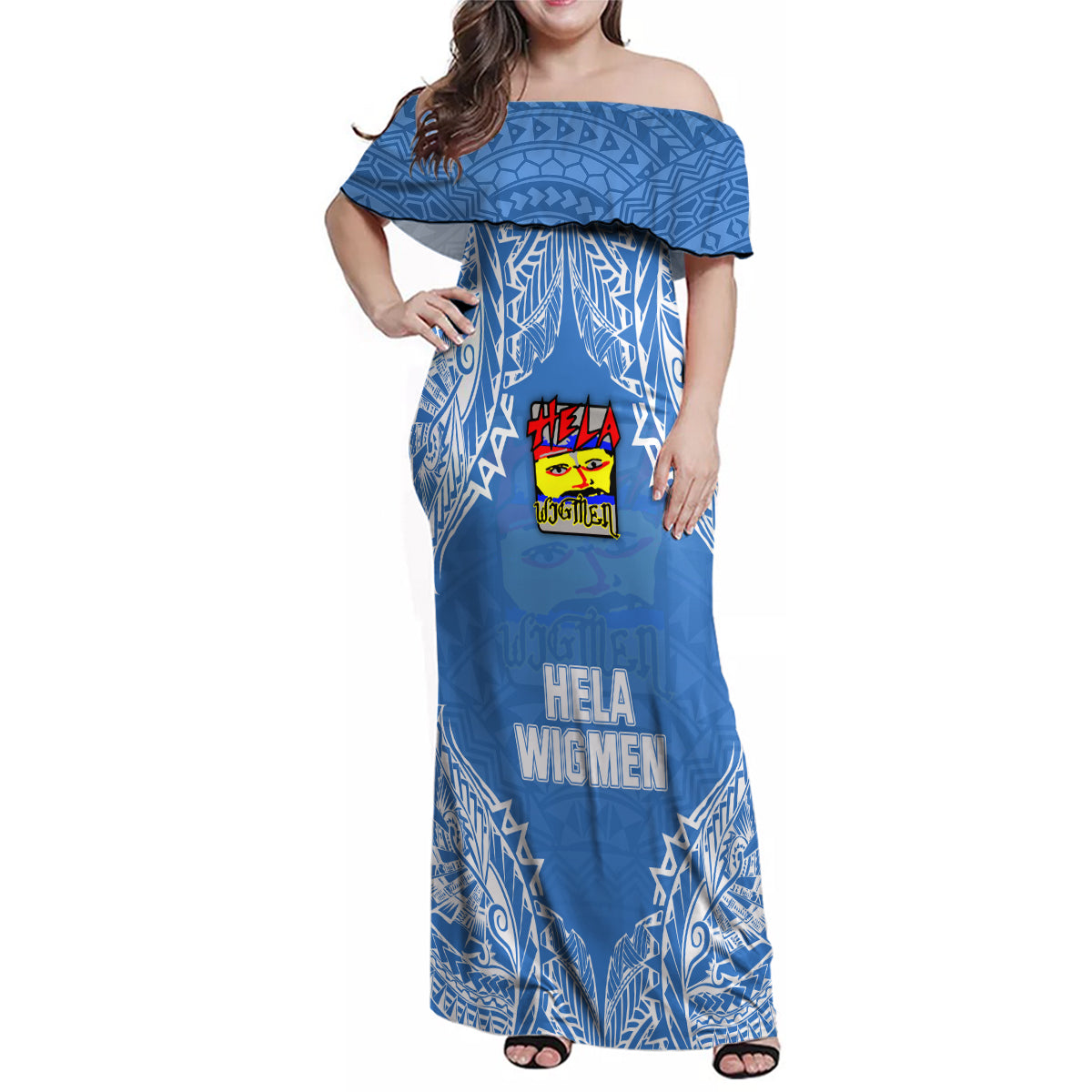 Hela Wigmen Rugby Family Matching Off Shoulder Maxi Dress and Hawaiian Shirt Papua New Guinea Polynesian Tattoo LT03 Mom's Dress Blue - Polynesian Pride