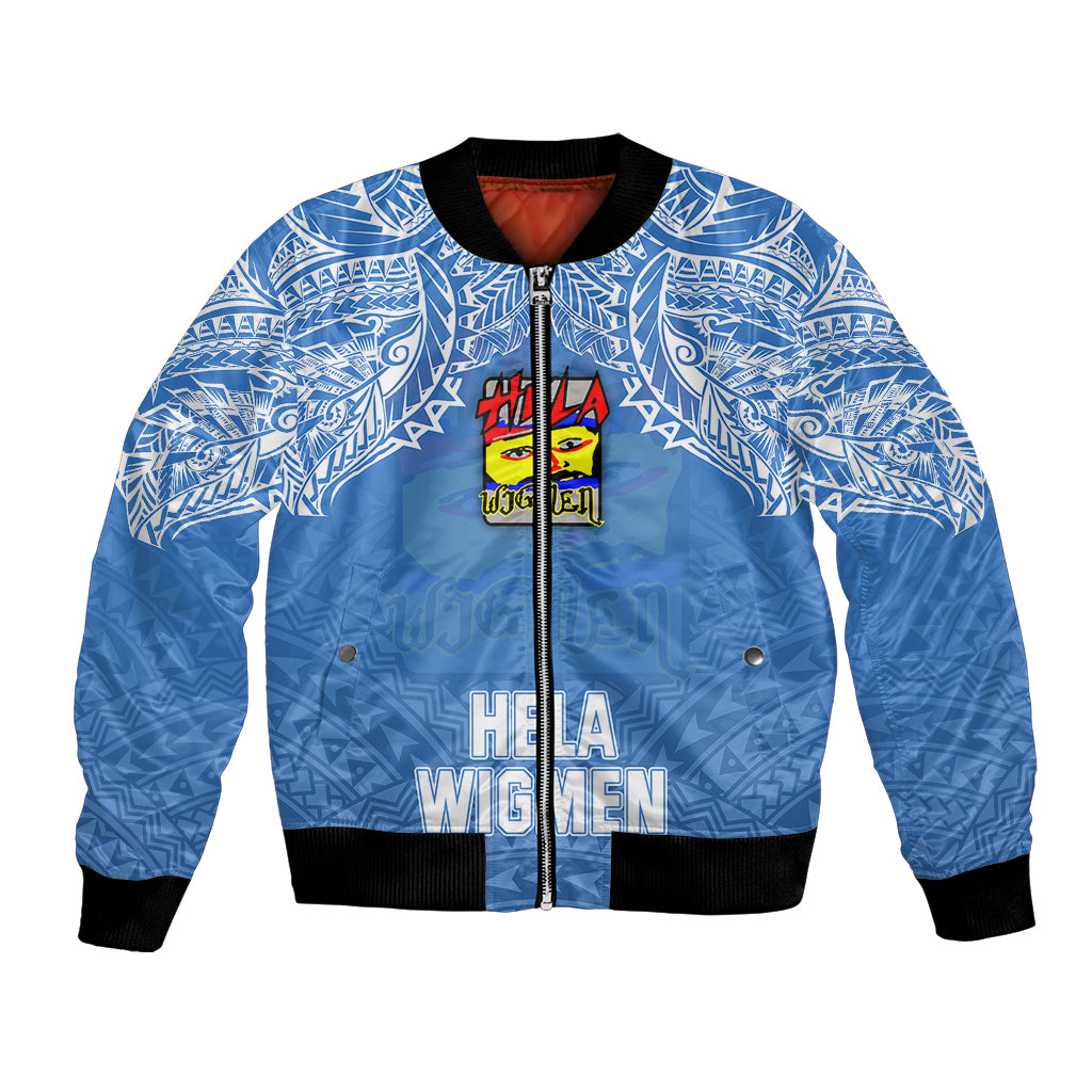 Custom Hela Wigmen Rugby Bomber Jacket Papua New Guinea Polynesian Tattoo LT03 Unisex Blue - Polynesian Pride