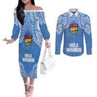 Custom Hela Wigmen Rugby Couples Matching Off The Shoulder Long Sleeve Dress and Long Sleeve Button Shirts Papua New Guinea Polynesian Tattoo LT03 Blue - Polynesian Pride
