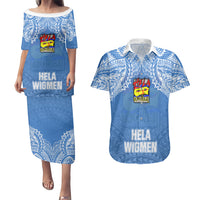 Custom Hela Wigmen Rugby Couples Matching Puletasi Dress and Hawaiian Shirt Papua New Guinea Polynesian Tattoo LT03 Blue - Polynesian Pride