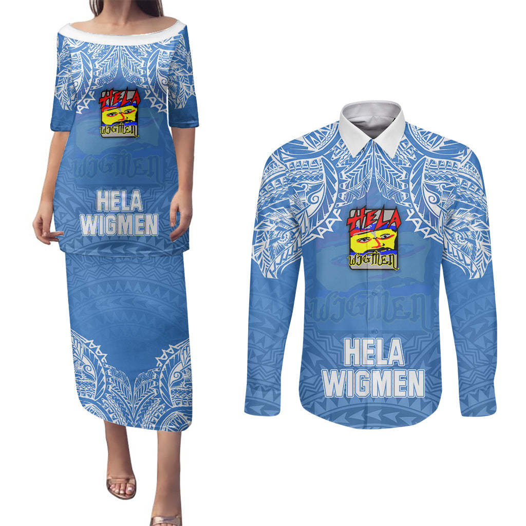 Custom Hela Wigmen Rugby Couples Matching Puletasi Dress and Long Sleeve Button Shirts Papua New Guinea Polynesian Tattoo LT03 Blue - Polynesian Pride