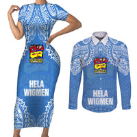 Custom Hela Wigmen Rugby Couples Matching Short Sleeve Bodycon Dress and Long Sleeve Button Shirts Papua New Guinea Polynesian Tattoo LT03 Blue - Polynesian Pride