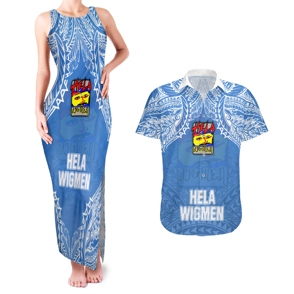 Custom Hela Wigmen Rugby Couples Matching Tank Maxi Dress and Hawaiian Shirt Papua New Guinea Polynesian Tattoo LT03 Blue - Polynesian Pride