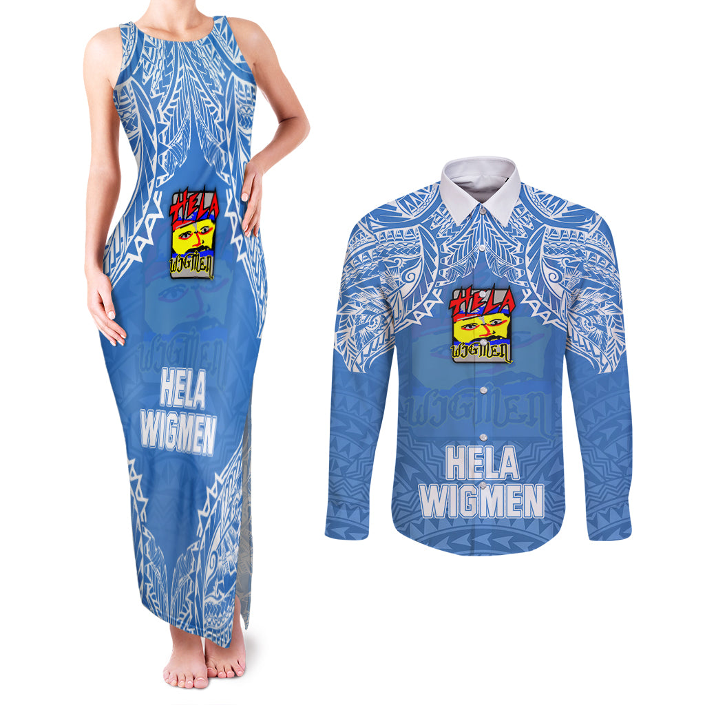 Custom Hela Wigmen Rugby Couples Matching Tank Maxi Dress and Long Sleeve Button Shirts Papua New Guinea Polynesian Tattoo LT03 Blue - Polynesian Pride