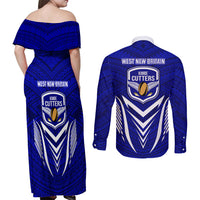 Kimbe Cutters Rugby Couples Matching Off Shoulder Maxi Dress and Long Sleeve Button Shirts Papua New Guinea Polynesian Tattoo Blue Version LT03 - Polynesian Pride