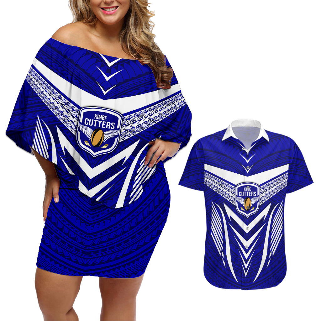 Kimbe Cutters Rugby Couples Matching Off Shoulder Short Dress and Hawaiian Shirt Papua New Guinea Polynesian Tattoo Blue Version LT03 Blue - Polynesian Pride