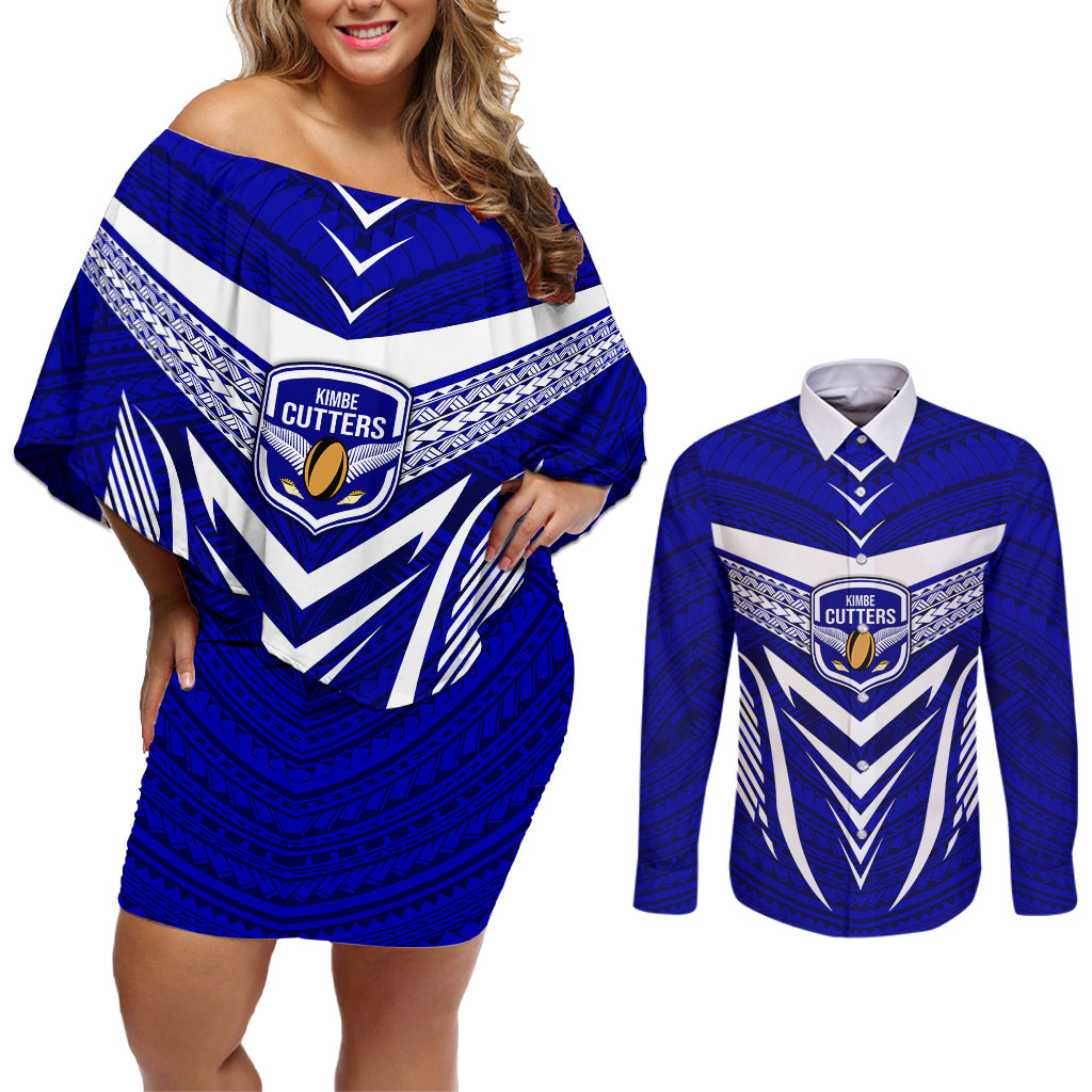 Kimbe Cutters Rugby Couples Matching Off Shoulder Short Dress and Long Sleeve Button Shirts Papua New Guinea Polynesian Tattoo Blue Version LT03 Blue - Polynesian Pride