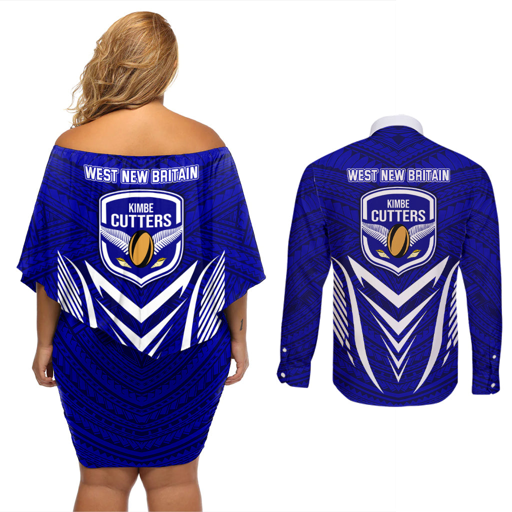 Kimbe Cutters Rugby Couples Matching Off Shoulder Short Dress and Long Sleeve Button Shirts Papua New Guinea Polynesian Tattoo Blue Version LT03 - Polynesian Pride