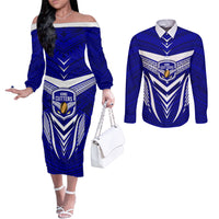 Kimbe Cutters Rugby Couples Matching Off The Shoulder Long Sleeve Dress and Long Sleeve Button Shirts Papua New Guinea Polynesian Tattoo Blue Version LT03 Blue - Polynesian Pride