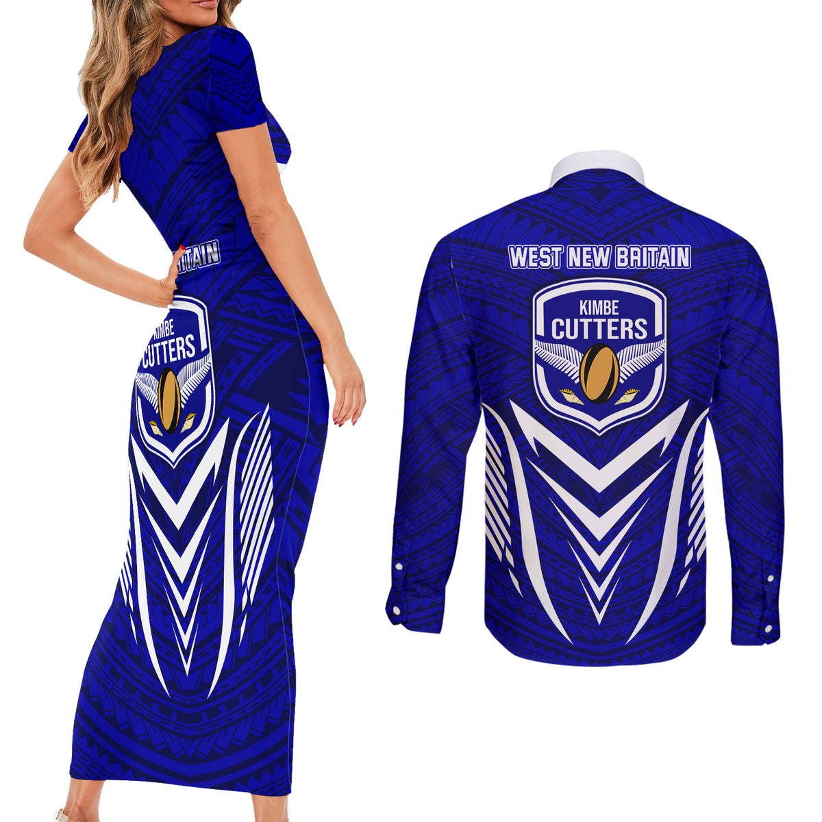 Kimbe Cutters Rugby Couples Matching Short Sleeve Bodycon Dress and Long Sleeve Button Shirts Papua New Guinea Polynesian Tattoo Blue Version LT03 - Polynesian Pride