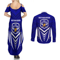 Kimbe Cutters Rugby Couples Matching Summer Maxi Dress and Long Sleeve Button Shirts Papua New Guinea Polynesian Tattoo Blue Version LT03 - Polynesian Pride