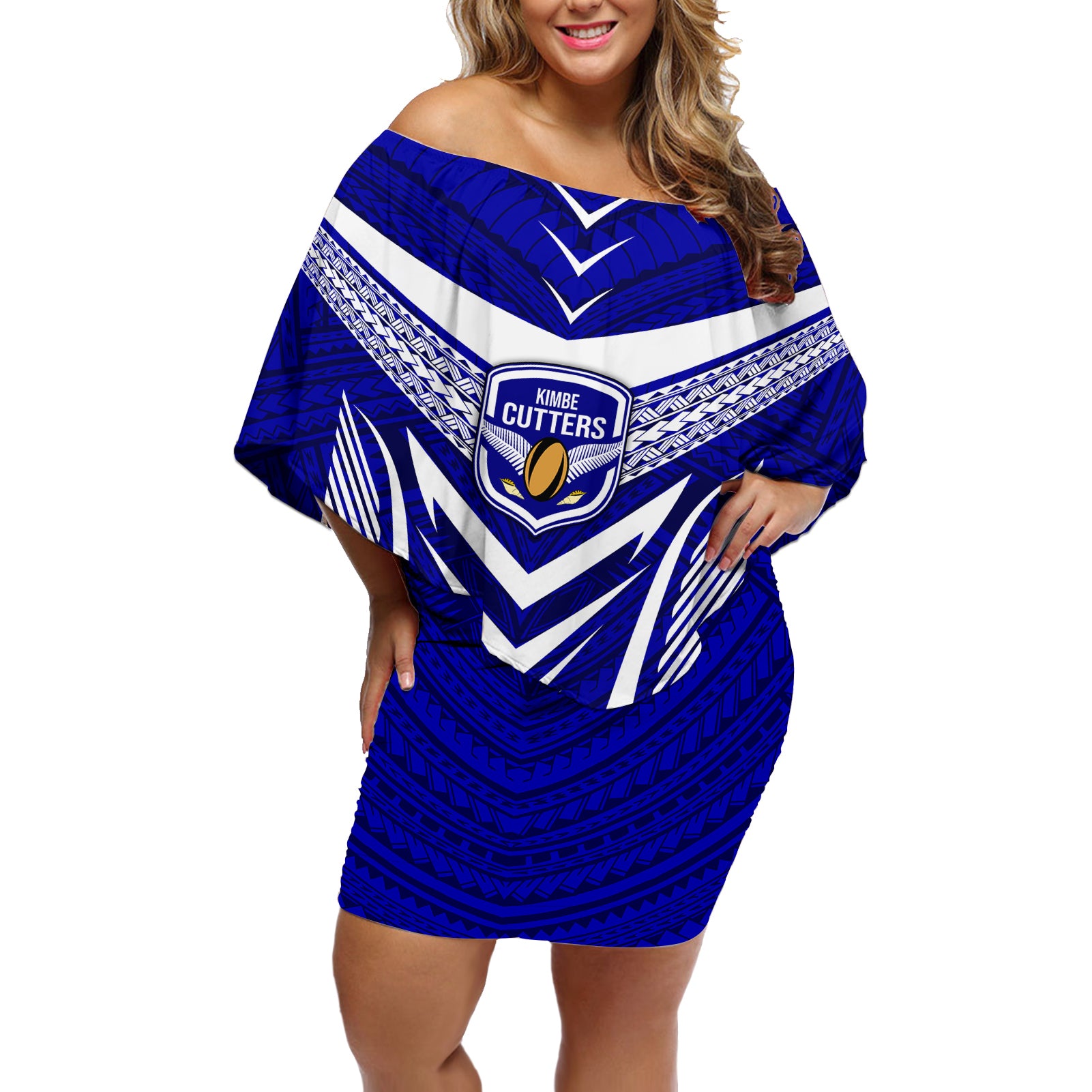 Kimbe Cutters Rugby Off Shoulder Short Dress Papua New Guinea Polynesian Tattoo Blue Version LT03 Women Blue - Polynesian Pride