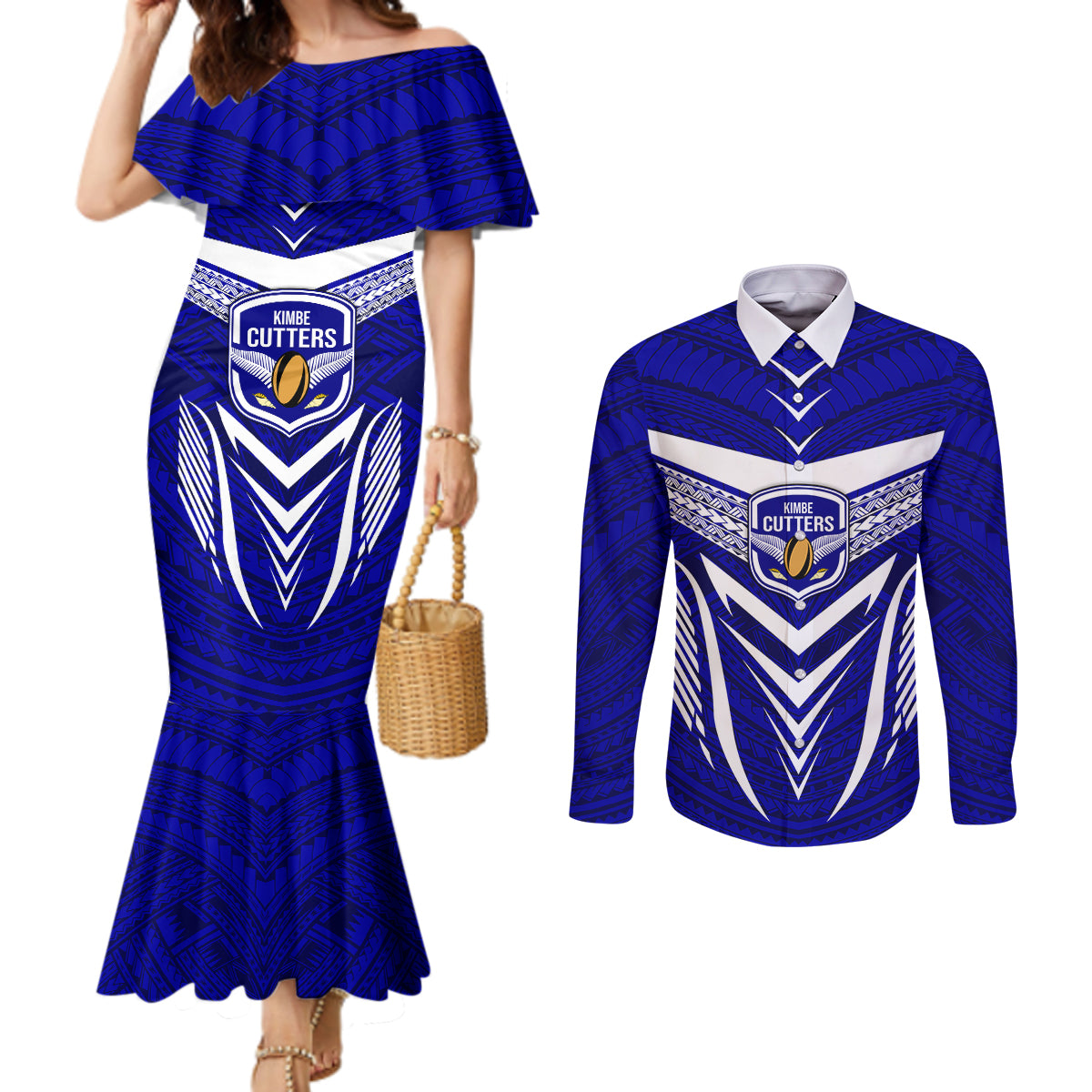 Custom Kimbe Cutters Rugby Couples Matching Mermaid Dress and Long Sleeve Button Shirts Papua New Guinea Polynesian Tattoo Blue Version LT03 Blue - Polynesian Pride