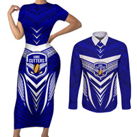 Custom Kimbe Cutters Rugby Couples Matching Short Sleeve Bodycon Dress and Long Sleeve Button Shirts Papua New Guinea Polynesian Tattoo Blue Version LT03 Blue - Polynesian Pride
