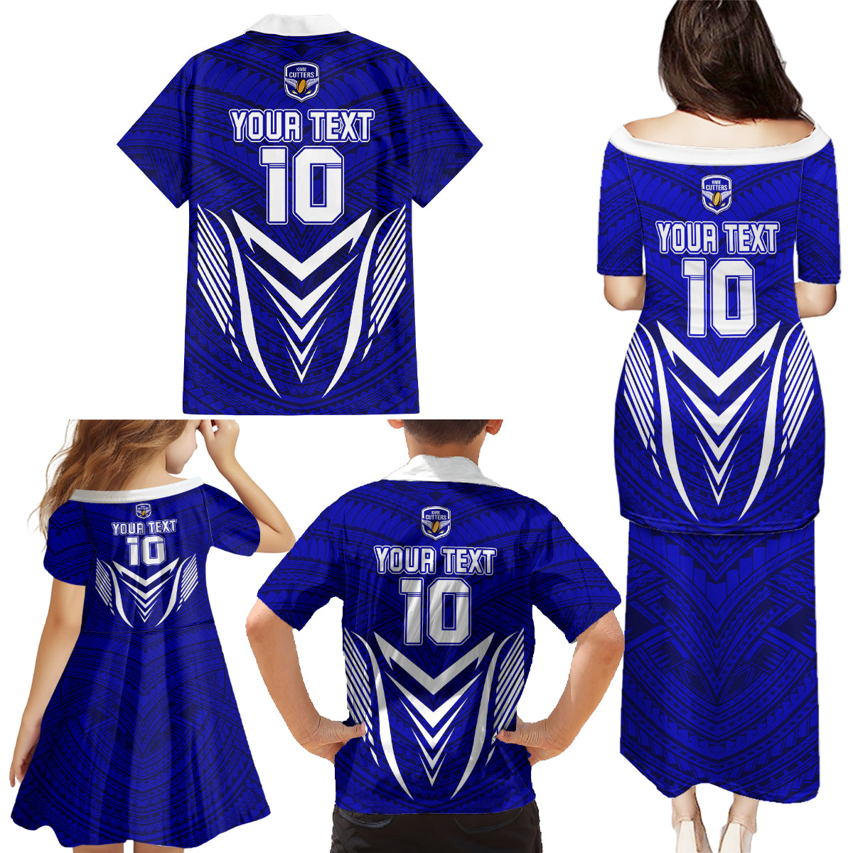 Custom Kimbe Cutters Rugby Family Matching Puletasi Dress and Hawaiian Shirt Papua New Guinea Polynesian Tattoo Blue Version LT03 - Polynesian Pride