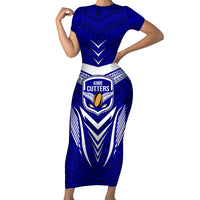 Custom Kimbe Cutters Rugby Family Matching Short Sleeve Bodycon Dress and Hawaiian Shirt Papua New Guinea Polynesian Tattoo Blue Version LT03 Mom's Dress Blue - Polynesian Pride
