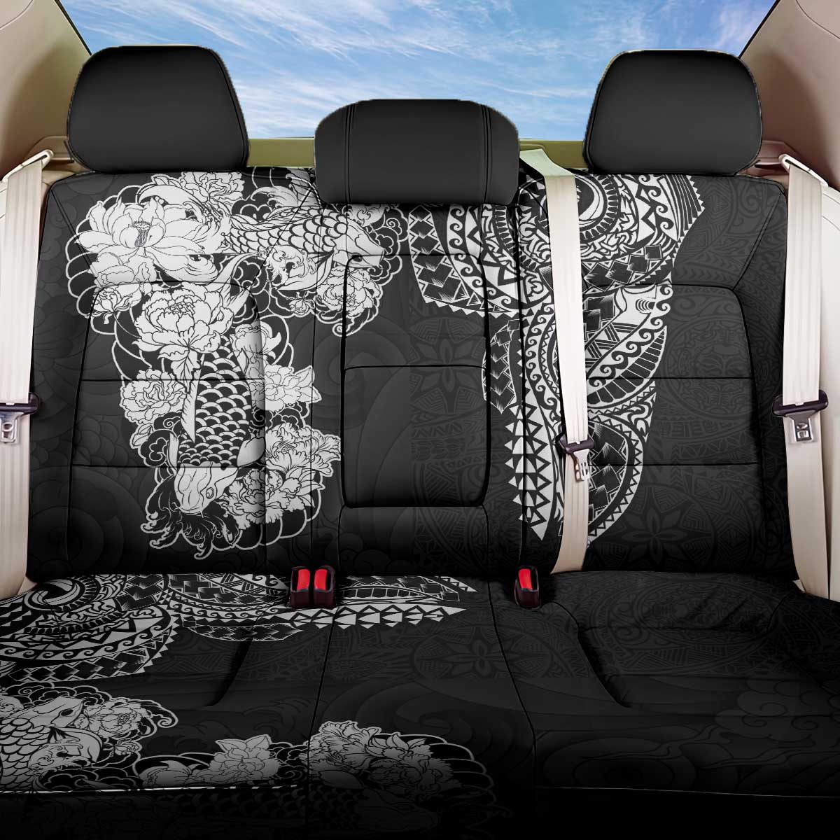 Japanese Irezumi and Hawaiian Polynesian Art Tattoo Back Car Seat Cover Black Color - Polynesian Pride