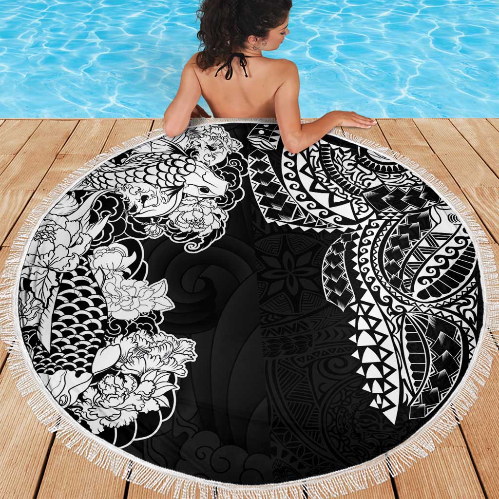 Japanese Irezumi and Hawaiian Polynesian Art Tattoo Beach Blanket Black Color - Polynesian Pride