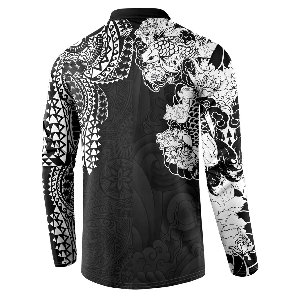 Japanese Irezumi and Hawaiian Polynesian Art Tattoo Button Sweatshirt Black Color - Polynesian Pride