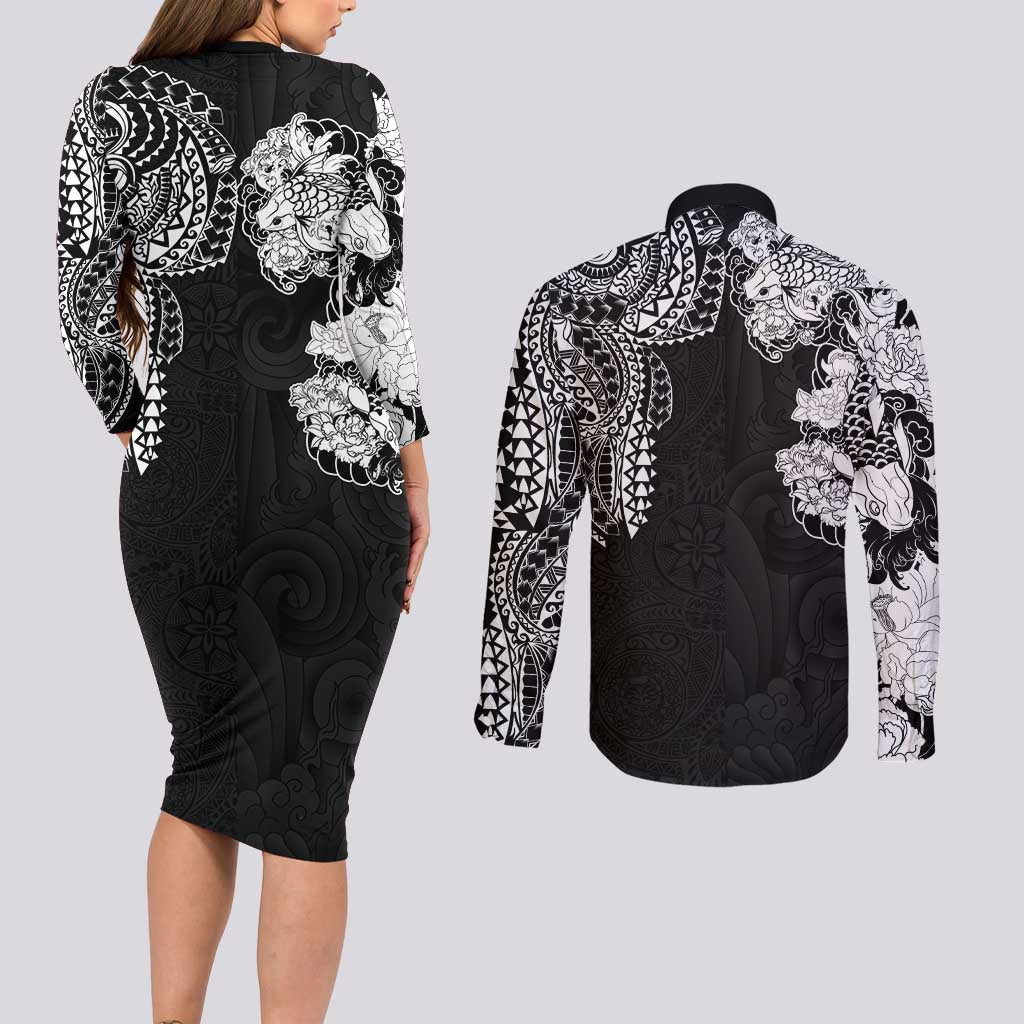 Japanese Irezumi and Hawaiian Polynesian Art Tattoo Couples Matching Long Sleeve Bodycon Dress and Long Sleeve Button Shirt Black Color LT03 - Polynesian Pride