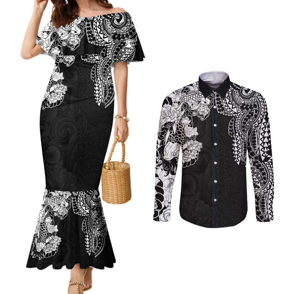 Japanese Irezumi and Hawaiian Polynesian Art Tattoo Couples Matching Mermaid Dress and Long Sleeve Button Shirt Black Color LT03 Black - Polynesian Pride