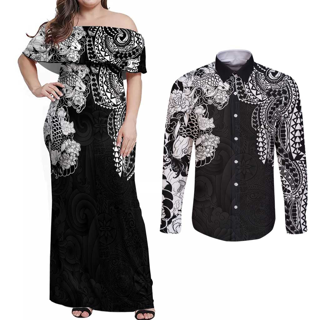 Japanese Irezumi and Hawaiian Polynesian Art Tattoo Couples Matching Off Shoulder Maxi Dress and Long Sleeve Button Shirt Black Color LT03 Black - Polynesian Pride