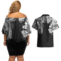 Japanese Irezumi and Hawaiian Polynesian Art Tattoo Couples Matching Off Shoulder Short Dress and Hawaiian Shirt Black Color LT03 - Polynesian Pride
