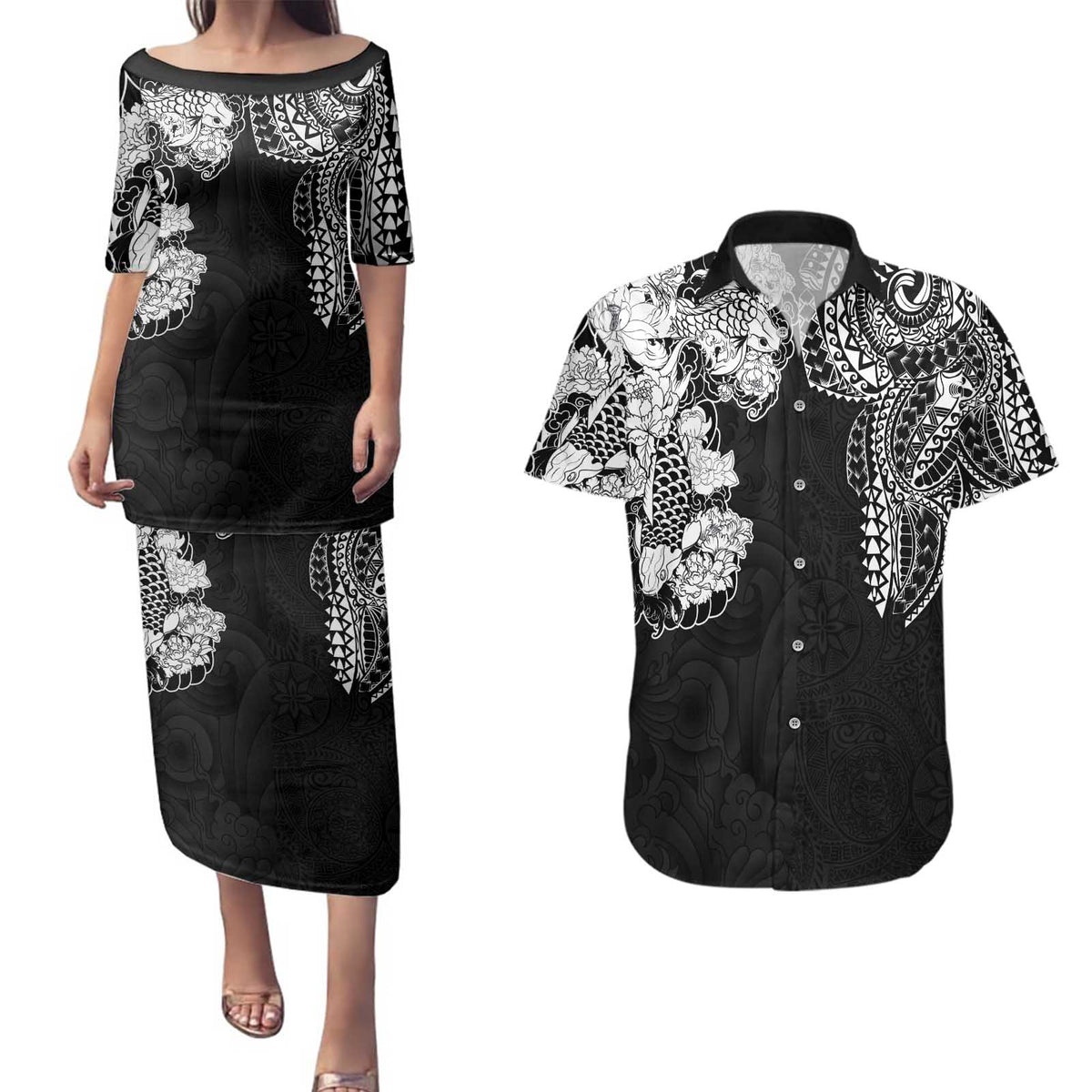 Japanese Irezumi and Hawaiian Polynesian Art Tattoo Couples Matching Puletasi and Hawaiian Shirt Black Color LT03 Black - Polynesian Pride