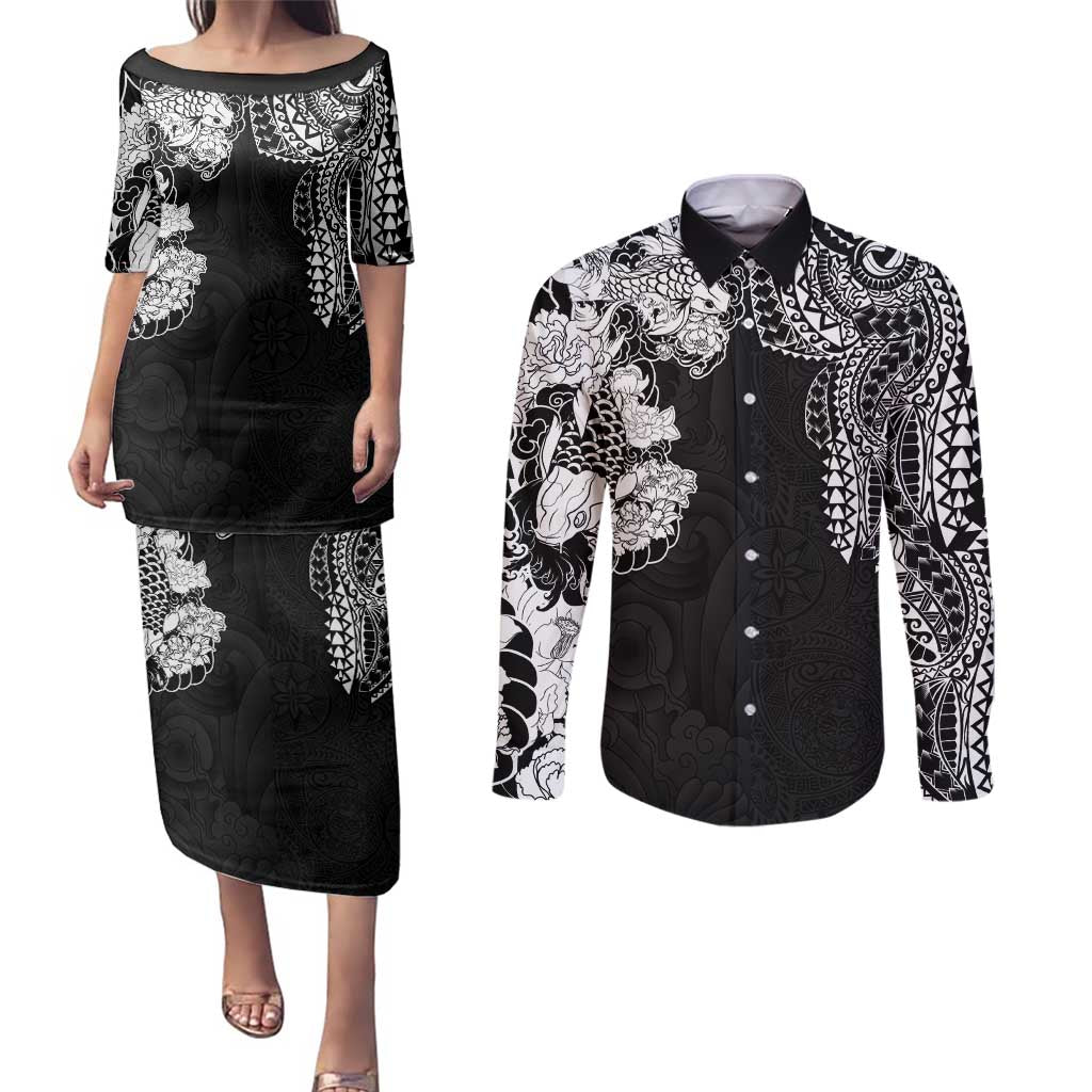 Japanese Irezumi and Hawaiian Polynesian Art Tattoo Couples Matching Puletasi and Long Sleeve Button Shirt Black Color - Polynesian Pride