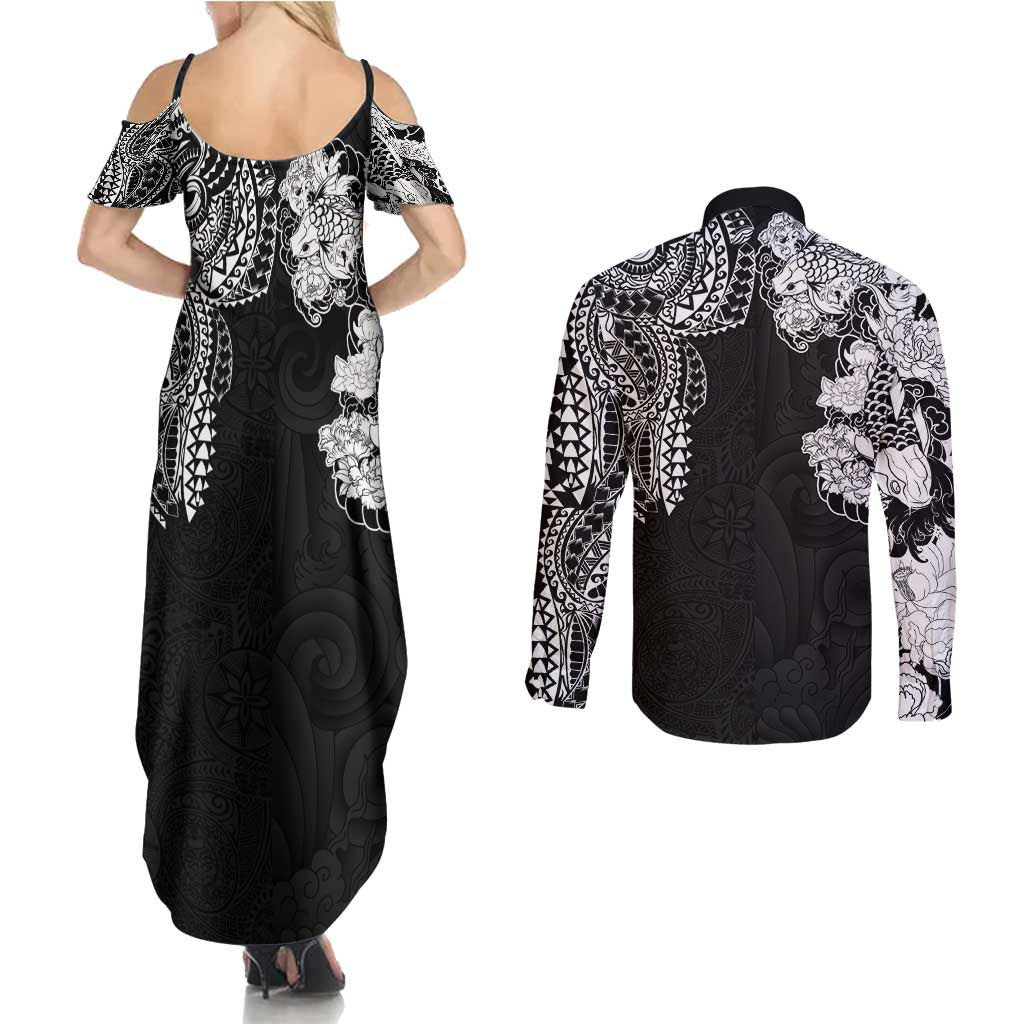 Japanese Irezumi and Hawaiian Polynesian Art Tattoo Couples Matching Summer Maxi Dress and Long Sleeve Button Shirt Black Color LT03 - Polynesian Pride