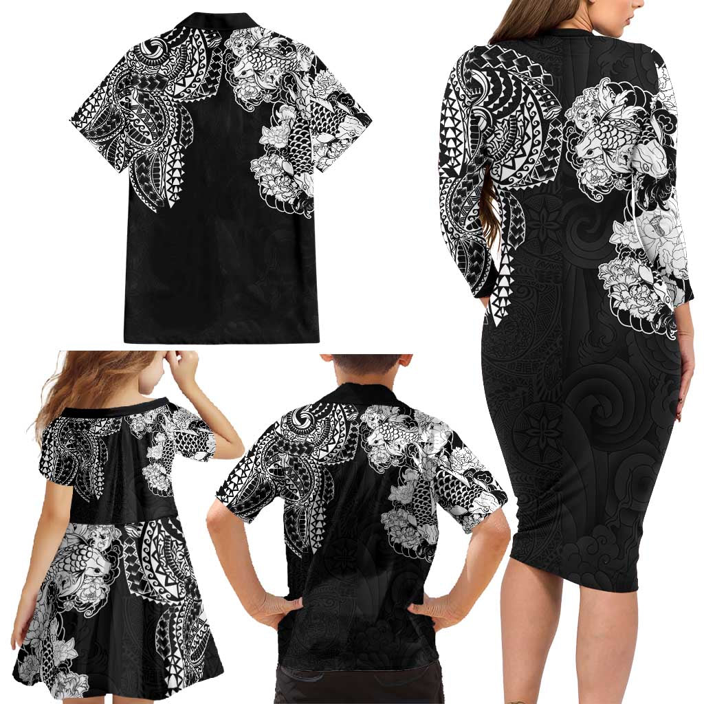 Japanese Irezumi and Hawaiian Polynesian Art Tattoo Family Matching Long Sleeve Bodycon Dress and Hawaiian Shirt Black Color LT03 - Polynesian Pride