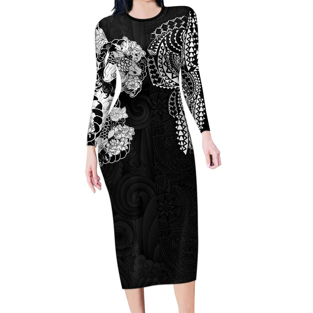 Japanese Irezumi and Hawaiian Polynesian Art Tattoo Family Matching Long Sleeve Bodycon Dress and Hawaiian Shirt Black Color LT03 Mom's Dress Black - Polynesian Pride