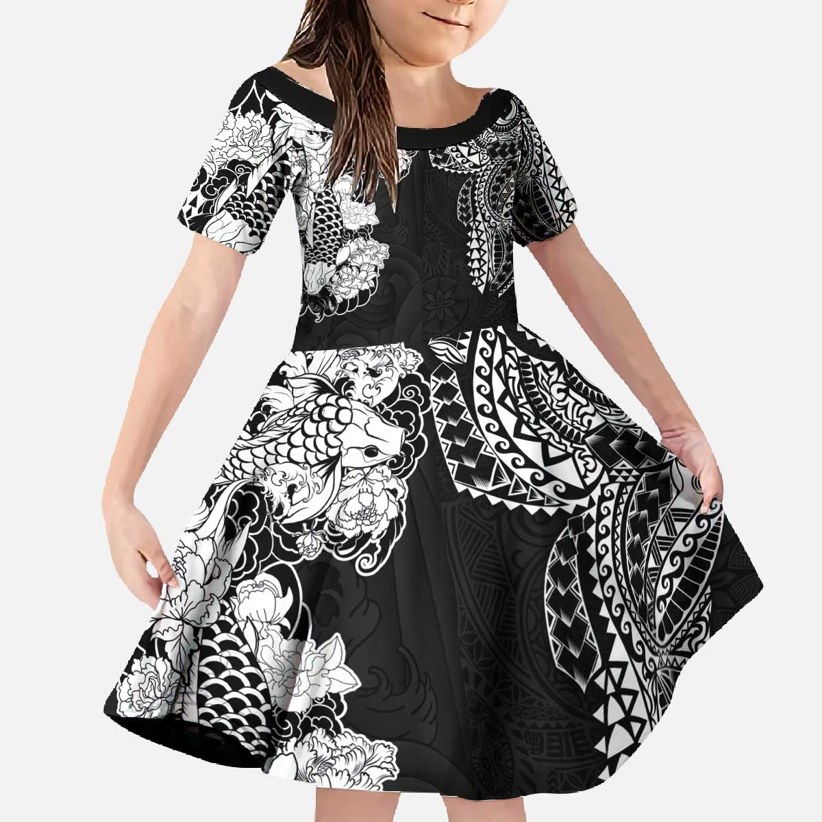 Japanese Irezumi and Hawaiian Polynesian Art Tattoo Family Matching Off The Shoulder Long Sleeve Dress and Hawaiian Shirt Black Color - Polynesian Pride