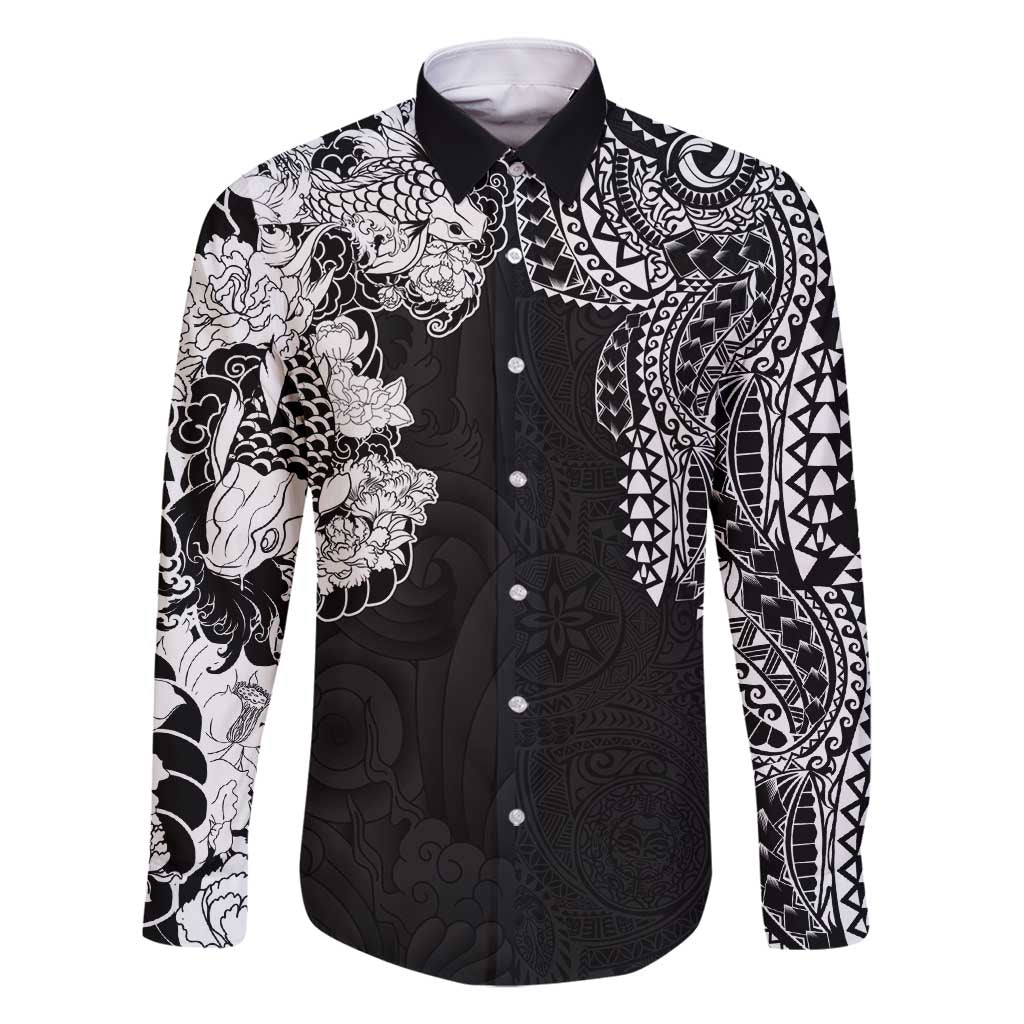 Japanese Irezumi and Hawaiian Polynesian Art Tattoo Family Matching Off Shoulder Maxi Dress and Hawaiian Shirt Black Color LT03 Dad's Shirt - Long Sleeve Black - Polynesian Pride