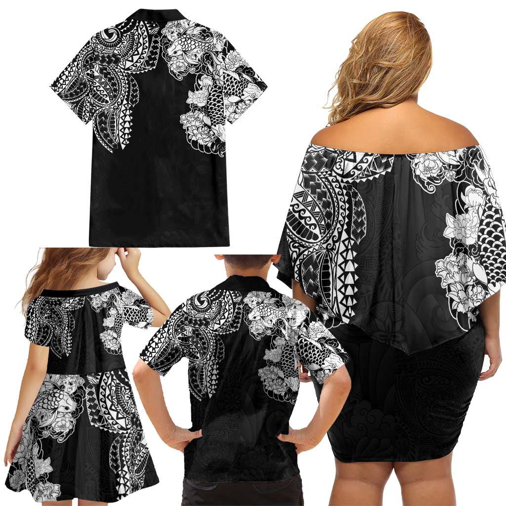 Japanese Irezumi and Hawaiian Polynesian Art Tattoo Family Matching Off Shoulder Short Dress and Hawaiian Shirt Black Color LT03 - Polynesian Pride