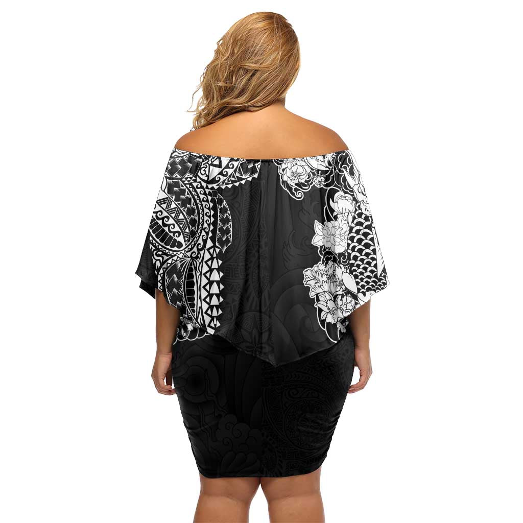 Japanese Irezumi and Hawaiian Polynesian Art Tattoo Family Matching Off Shoulder Short Dress and Hawaiian Shirt Black Color LT03 - Polynesian Pride