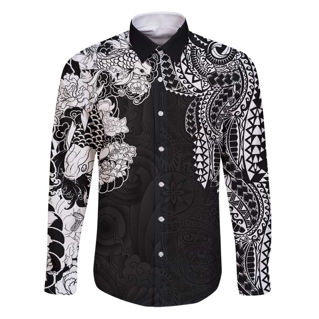 Japanese Irezumi and Hawaiian Polynesian Art Tattoo Family Matching Puletasi and Hawaiian Shirt Black Color LT03 Dad's Shirt - Long Sleeve Black - Polynesian Pride