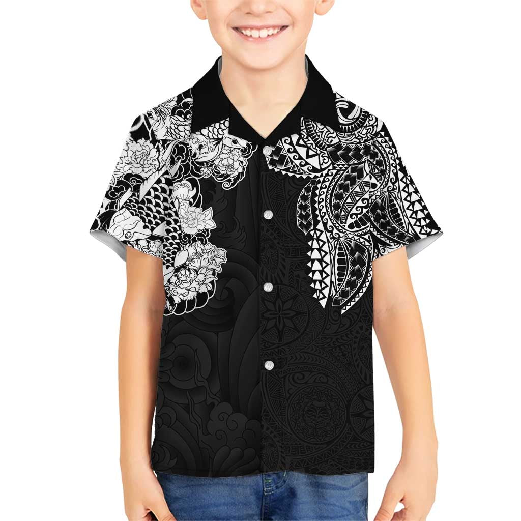 Japanese Irezumi and Hawaiian Polynesian Art Tattoo Family Matching Puletasi and Hawaiian Shirt Black Color LT03 Son's Shirt Black - Polynesian Pride