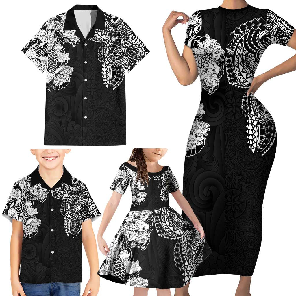 Japanese Irezumi and Hawaiian Polynesian Art Tattoo Family Matching Short Sleeve Bodycon Dress and Hawaiian Shirt Black Color LT03 - Polynesian Pride