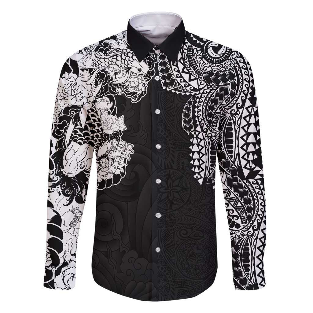 Japanese Irezumi and Hawaiian Polynesian Art Tattoo Family Matching Short Sleeve Bodycon Dress and Hawaiian Shirt Black Color LT03 Dad's Shirt - Long Sleeve Black - Polynesian Pride
