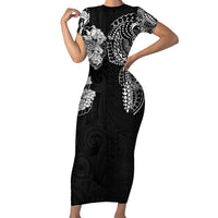 Japanese Irezumi and Hawaiian Polynesian Art Tattoo Family Matching Short Sleeve Bodycon Dress and Hawaiian Shirt Black Color LT03 Mom's Dress Black - Polynesian Pride